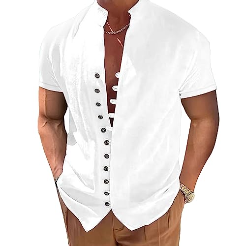 NIBESSER Camisa Lino Hombre Manga Corta Camisa Verano Hombre Casual Camisa Cuello Mao Hombre con Botones Color Sólido Transpirable para Vacaciones Playa, Manga Corta- Blanco, M