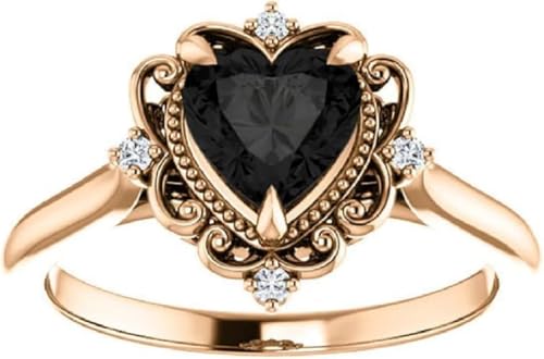 Vintage Halo Black Heart Ring 10K Rose Gold, Victorian 1 CT Heart Onyx Ring, Antique Diamond Engagement Ring, Black Moissanite Ring, Perfact Gift for Wife