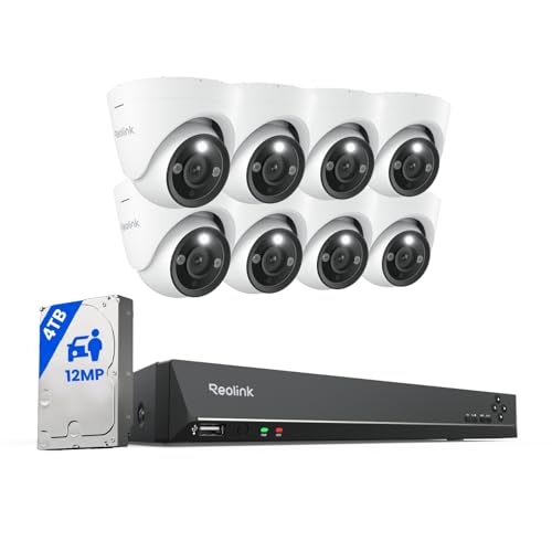 Reolink 12MP PoE Überwachungskamera Set Aussen, 8-Kanal NVR mit 2TB HDD für 24/7 Aufzeichnung und 4X Dome IP Kameras mit Personen-/Fahrzeugerkennung, 2-Wege-Audio, Spotlights, RLK8-1200D4-A