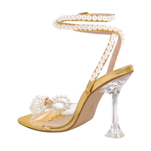 Image of Yolkomo Women's Square Toe Clear Heels Sexy Rhinestone Bow Heels Open Toe Ankle Strap Stiletto High Heel Sandals