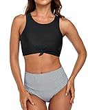 Tempt Me Women Black Striped High Waisted Two Piece Bikini Sets Sporty Swimsuits High Neck Tie Knot Bathing Suit with Bottom S