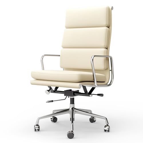 Image of High-Back Executive Genuine Leather Office Chair, with Aluminum Arms and 5-Star Base, Modern Rolling Desk Chair with Silent Wheels, Lumbar Support, High-Adjustable, Tilting for Home & Office