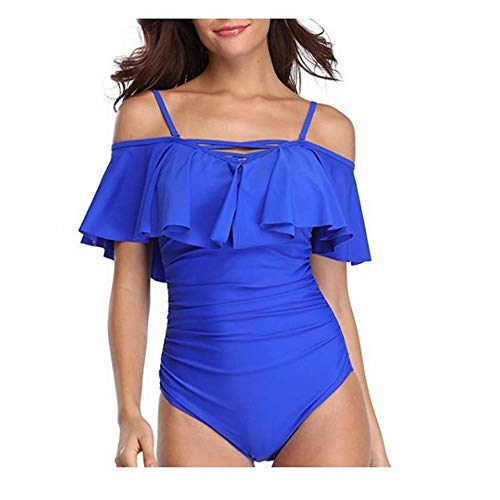 Preisvergleich Produktbild DLSMB einteiliger Damen-Badeanzug mit Rüschen, schulterfrei, Bademode, Polyester, blau, S