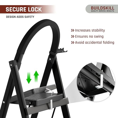 Image of BUILDSKILL Black 3 Step Ladder for Home Use with Built-in Tool Tray | Heavy Duty D Shape Rods | 20 x 30 cm Large Step with Rubber Pad | Secure Lock | 150Kg Capacity Foldable Ladder - 5 Years Warranty