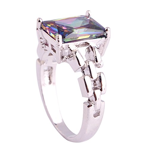 925 Sterling Silver Plated Emerald Cut Simulated Rainbow Topaz Wedding Ring for Women3