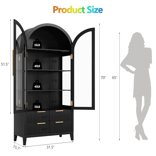 Image of LVSOMT 71 inch Arched Display Cabinet with Glass Doors and RGB Lights, Black