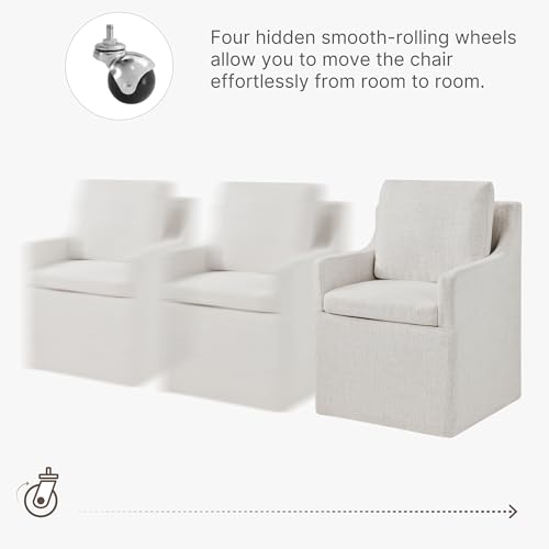 Image of KISLOT Upholstered Dining Chairs Set of 1 with Casters, Light Beige | Modern Rolling Dining Room Arm Chairs with Washable Cover, Hidden Storage Seat, Linen Look Fabric, Padded Kitchen Chairs