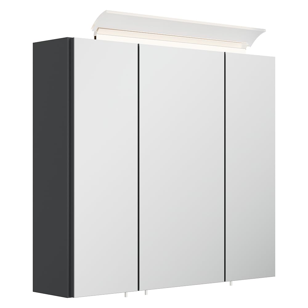 Lomadox Badezimmer Spiegelschrank 70cm, 3-türig, grau mit LED-Aufsatzleuchte, Glasböden, 3D-Funktion, Kombibox (Steckdose mit Schalter)