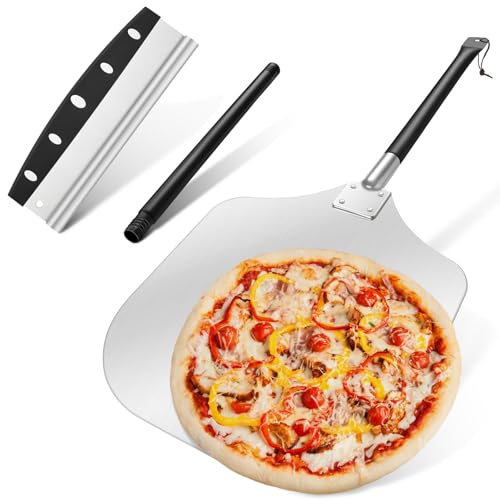 Leonyo 12IN Pizza Peel with Cutter, Aluminum Pizza Turning Peel Spatula Paddle in Long Adjustable Handle with Cutter Rocker(Extent Length 38.5IN to 49IN)