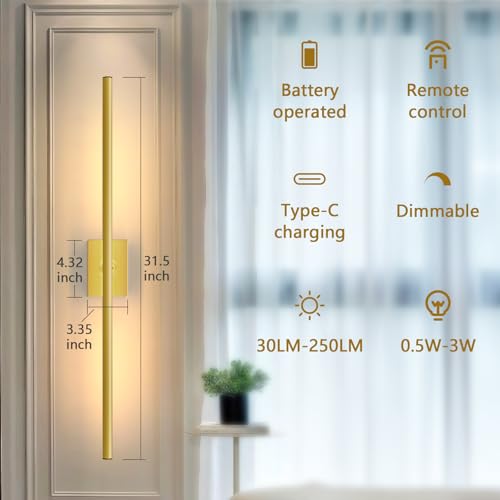 Image of Battery Operated Wall Sconce, 10000mAh 4CCT Dimmable, Gold 1pc | Rechargeable wall lights with remote & touch control, 360rotate timer 31.5 inch, for bedroom living room hallway decoration