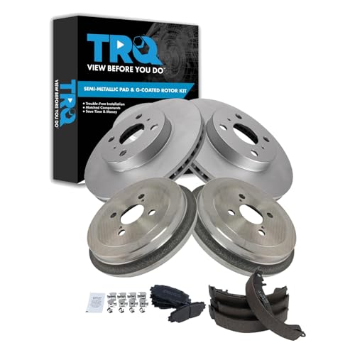 TRQ Front Rear Brake Pad Rotor Shoe Drum Kit Semi Metallic G-Coated Compatible with 2007-2018 Toyota Yaris