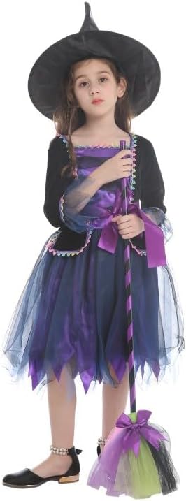 Vista 2 de Disfraz de bruja infantil para niñas, disfraz de bruja de Halloween con sombrero, fiesta de disfraces