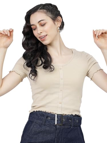 Image of Tokyo Talkies Women's Regular Fit Tshirts | Solid | Short Sleeves |V Neck | Western Tshirts