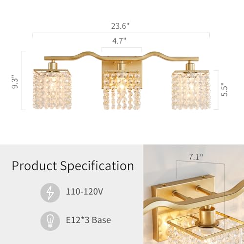 Image of WUZUPS 3-Light Bathroom Light Fixture Over Mirror Morden Vanity Wall Sconces Light Clear Crystal Drop for Bedroom Living Room, E12 Base, Gold