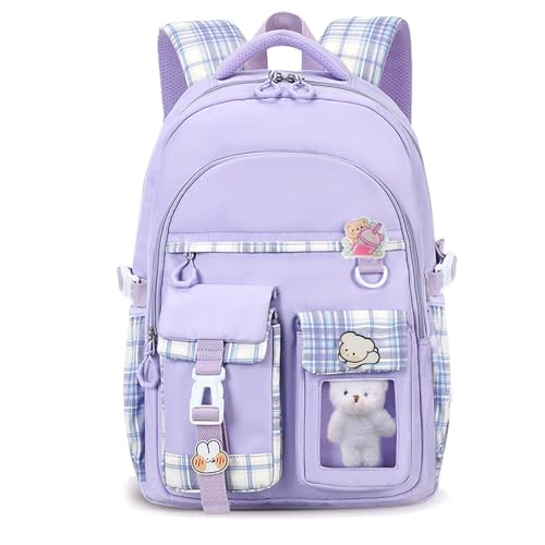 PRLINJSK Girls Backpack, Kawaii School Bag for Kids, Purple
