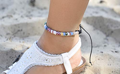 Boho Surfer Anklet Unisex - Ethnic Ankle Bracelet Women & Men - Handmade Beach Jewelry & Festival Accessories - 100% Waterproof & Adjustable - Thin String Rope Hippie Anklet (Yellow Round) #TOP1