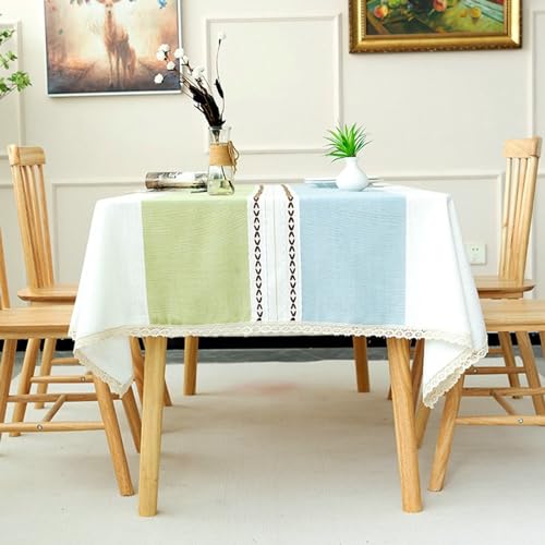 Nappe rectangle blanche 140x260cm en coton lin à rayures bleu vert avec dentelle