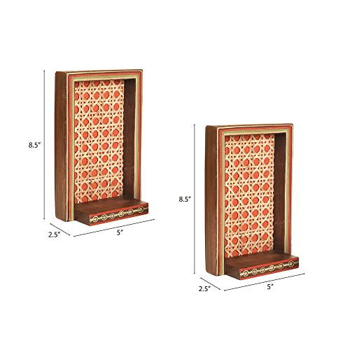 Image of AAKRITI ART CREATIONS Handcrafted Cane Hanging Shelf for Home Decor | Wooden Shelves & Ceramic Wall Hanging Shelf Set of 2 | Matte Finish Decorative Shelves for Living Room, Bedroom & Gifting