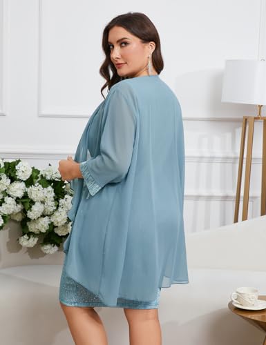 Image of ZOMVA Plus Size Sparkly Formal Dress Suit 2 Piece Mother of The Bride Groom Chiffon Jacket Outfit Cocktail Evening