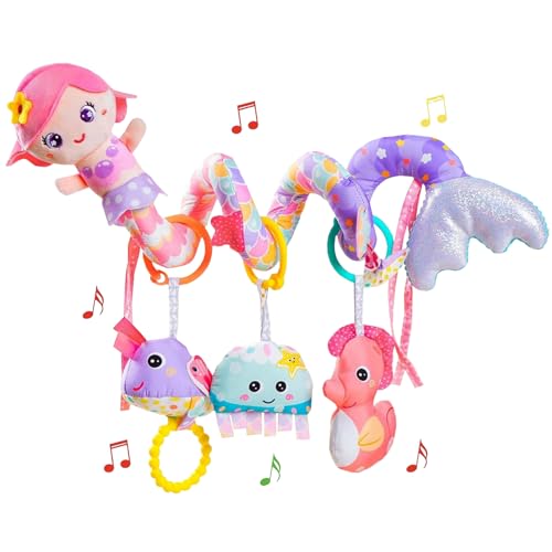 Image of Car Seat Mobile Toys, Activity Mermaid Ocean Plush Toy for Infants Baby Stroller Bar Crib Bassinet Mobile (Pink)