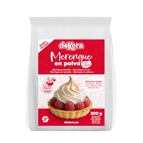 dekora - Merengue en Polvo 200 g Extra White para rellenar y cubrir Tartas y Cupcakes, Albúmina en polvo para repostería Sin Gluten y Sin Lactosa