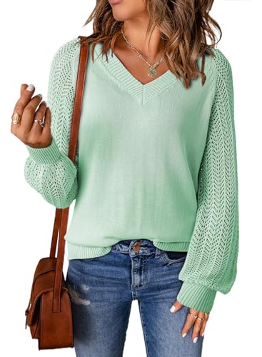 Dokotoo Women's Casual V-Neck Long Sleeve Sweaters Solid Color Pullover Knit Sweater Jumper Tops