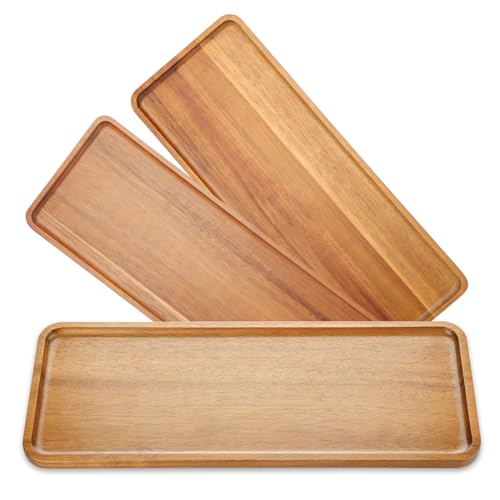 WLWNWFT Holztablett Deko Tablett Holz 3 Stück Serviertablett aus Akazienholz 36x14 cm Holz Tablett Dekotablett Servierplatte Rechteckig für Dessert Kosmetik Schmuck Kerzen