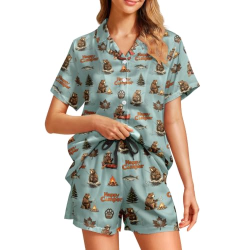 Image of Funny Satin Pajamas Set for Women Button Down Sleepwear Print Pjs Set 2 Piece Short Sleeve Loungewear Gift for Women