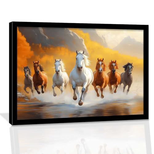 Image of HOTHOUSE Seven Running Vastu Lucky Horse and Rising Sun Painting | 7 Horses Vastu Frame Wall Art Painting for Living Room Bedroom Office Home Decor Wall Decor Size (19X25 inch)