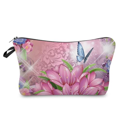 Livel lhood Butterfly Makeup Bag Cute Small Makeup Organizer Bag Travel Toiletry Zipper Pouch Pink Floral Butterfly Cosmetic Bag Birthday Present for Butterfly Lovers Women