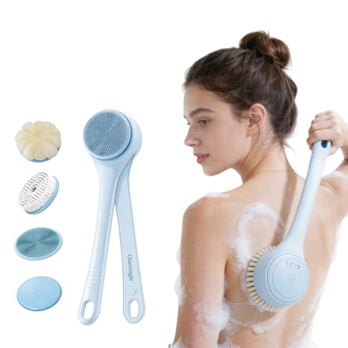 Electric Body Brush Back Scrubber for Shower, Waterproof Long Dual Handle Power Body Scrubber with 4 Heads, Rechargeable Bath Brush & 2 Speeds, for Cleansing, Exfoliating and Massaging Skin
