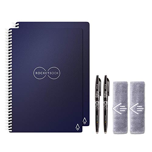 Rocketbook Holiday Bundle - 2 Smart Reusable Notebook Set with 1 Lined & 1 Dot Grid Notebook, 2 Pilot Frixion Pens & 2 Microfiber Cloths - Midnight Blue Cover, Executive Size (6