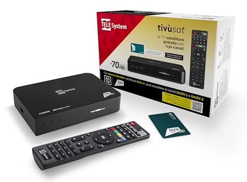 TELE System Decodificador satélite TS9019HEVC,tarjeta inteligente Tivùsat Classic incluida,certificado DAZN,más de 70 canales HD gratuitos,Serie A en DAZN1 y DAZN2,actualización automática de canales.