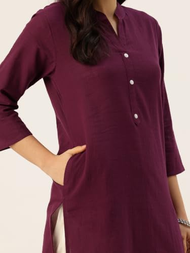 Image of feranoid Women's Plain Cotton Kurta with Mandarin Collar, 3 /4 Sleeves & Pocket