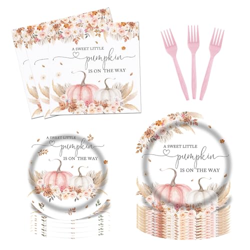 Fitumiw 96Pcs Boho Pumpkin Baby Shower Party Tableware Supplies A Sweet Little Pumpkin is On The Way Plates and Napkins Baby Shower Party Set Thanksgiving Harvest Decorations Serve 24 Guests