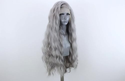 Miniatura 3 de WXHWCX Pelucas de encaje frontal sintético largo y rizado gris para mujer, raya en medio, pelucas de encaje natural, uso diario para fiestas