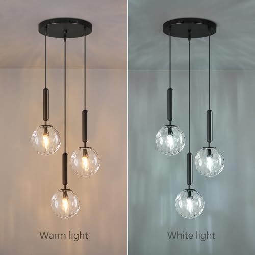 Image of Mid Century Globe Pendant Light with Clear Glass for Kitchen Island Modern Balck Finish Hanging Light Fixture Retro Round Pendant Lighting for Living Room Bedroom Entryway(3 Lights)