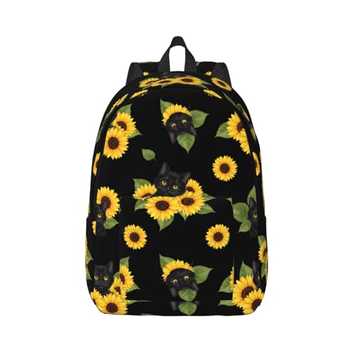 Sac à dos chat noir et tournesols pour femme | Grand sac de voyage floral de 17,7 pouces