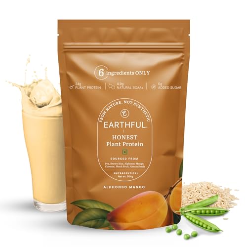Image of Earthful Honest Plant Protein | 24g Protein /Serving & 4.9g BCCAs | For Weight Management, Energy, Muscle Support & Recovery | Made with Pea & Brown Rice | Alphonso Mango - 504g
