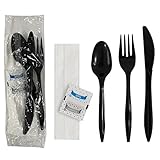 100Pack Plastic Cutlery Packets, Knife Fork Spoon Napkin Salt Pepper Sets, Individually Wrapped Black Plastic Cutlery Packets for Delivery, Cafeterias, Restaurants