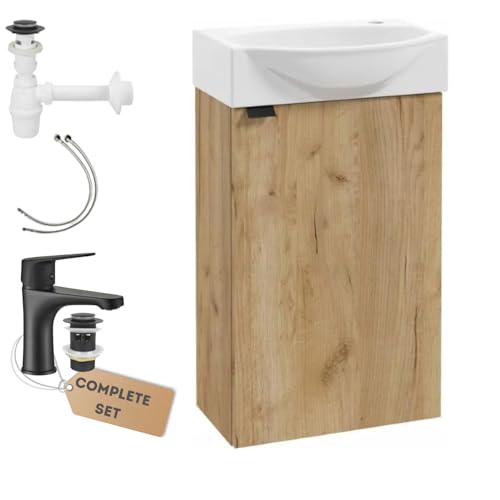 Deftrans Meuble de toilette WC avec lavabo - 40 x 69 x 21,3 cm - Chêne - Salle de bain d'hôtes avec robinet noir mat - Clic-clac