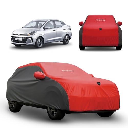 Image of PROTEGO Prime Series India's 1st Anti-Tear Car Cover for Hyundai Aura | Heavy-Duty, Custom Fit, All Weather Protection | 100% Waterproof, Windproof & Hail Resistant | 2-Year Warranty | Red + Black
