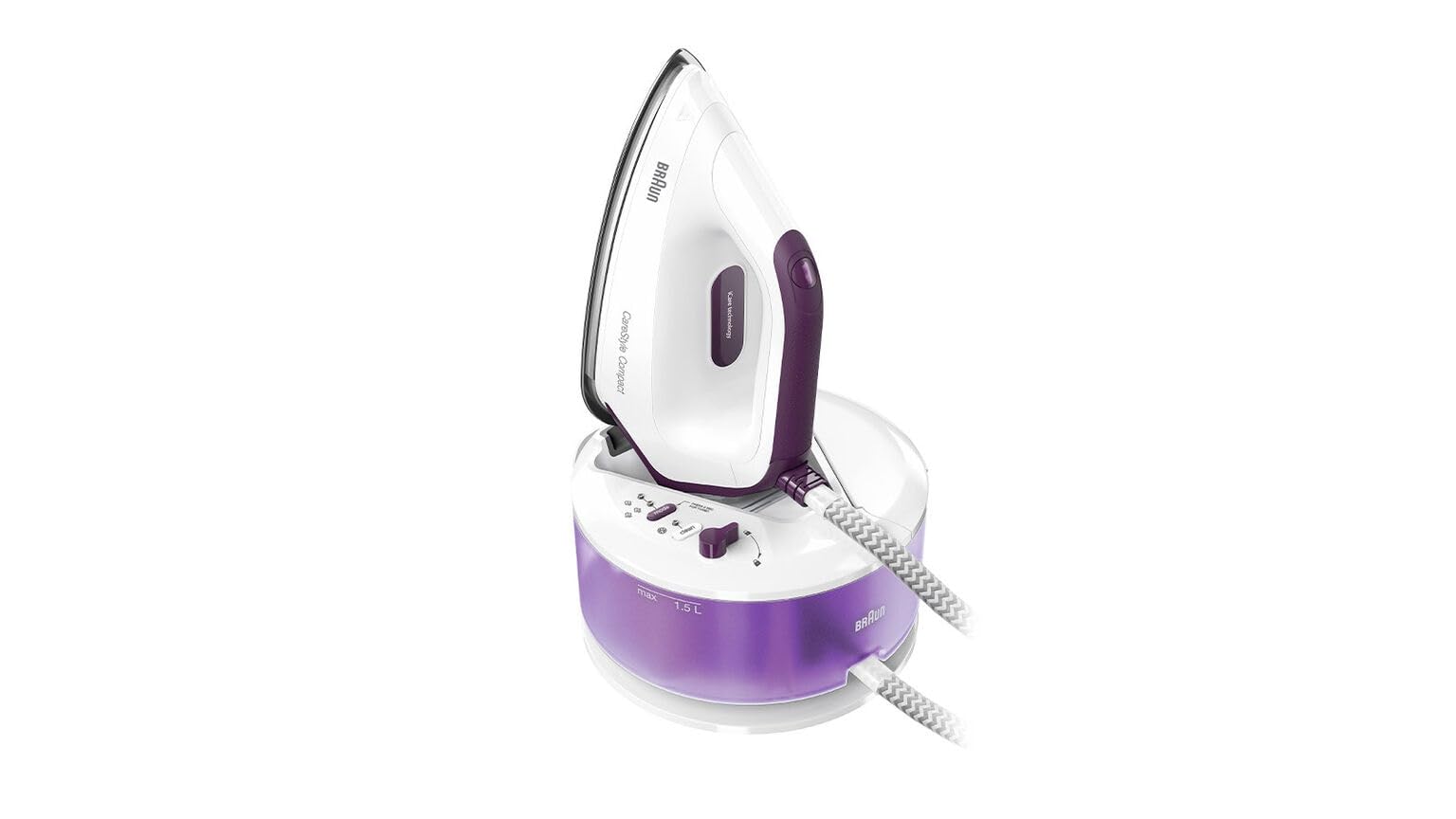 Braun CareStyle Compact IS2144VI, Dampfbügelstation, 125 g/min, Maximaler Dampfstoß 420 g/min, Eloxal Plus Bügelsohle, FreeGlide 3D Technologie, 1,5L Wassertank, 6 Bar Druck, 2400W Leistung, Violett