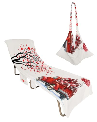 Red Love Heart Tree Valentines Beach Lounge Chair Towel Cover, Soft Chaise Lounge Towel with Side Pockets Patio Pool Chairs Cover for Beach/Pool Sunbathing 29x85 Football Truck