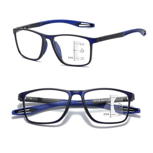 Progressiva multifokala läsglasögon för män och kvinnor, sportig design, flexibla anti-blåljusläsare(Black/Blue,3.0 x)