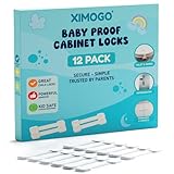 Ximogo® (12 Pack+4 Extra Adhesives) Cupboard Locks for Children - Premium Baby Proofing Child Locks for Kitchen Cupboards - No Drill Required - Secure Cabinets & Drawers - Child Safety Cupboard Locks
