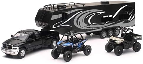 New Ray Toys Die cast Pick up Truck with Toy Hauler and 2 Polaris Vehicles (Blue RZR and red Ranger)