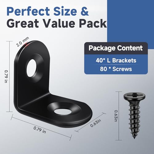 Image of 40PCS L Bracket Corner Brace Set, Stainless Steel Corner Bracket | Black Small Right Angle Bracket, Metal Corner Brackets for Wood Shelves, Furniture Cabinet Drawer, 80 Screws, 0.79 x 0.79 in