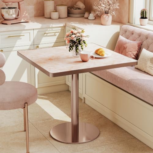Image of 31.5''Small Square Dining Table,Sintered Stone Tulip table&Metal Edge&Base | Modern Square Pedestal Dining Table for 2-4 Person ,Bistro Tables for Dining Room /Restaurants /Small Spaces /Pubs /Marble Pink