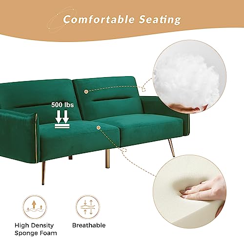 Hulala Home Modern Velvet Futon Sofa Bed, 72.8" Wide Loveseat Couch With Gold Metal Legs & Squared Arms, Splitback Sofa Small Couches For Living Room Compact Living Space, Green #TOP4
